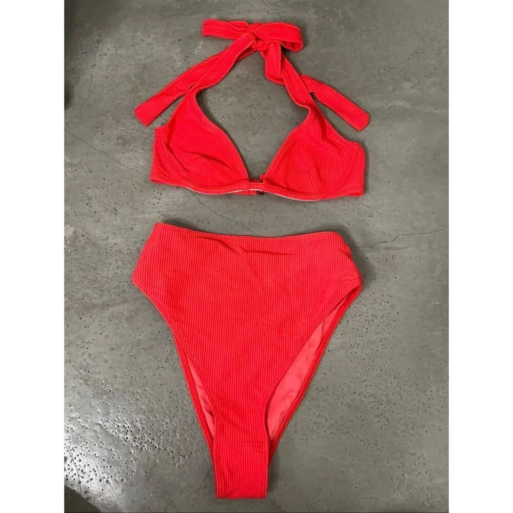 Frankie’s Bikinis High-waist Ribbed Set | Red in Small